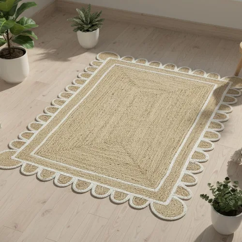 Vista 12 de Alfombra festoneada de yute natural, base natural con ribete blanco hueso, alfombra bohemia de granja hecha a mano con respaldo antideslizante