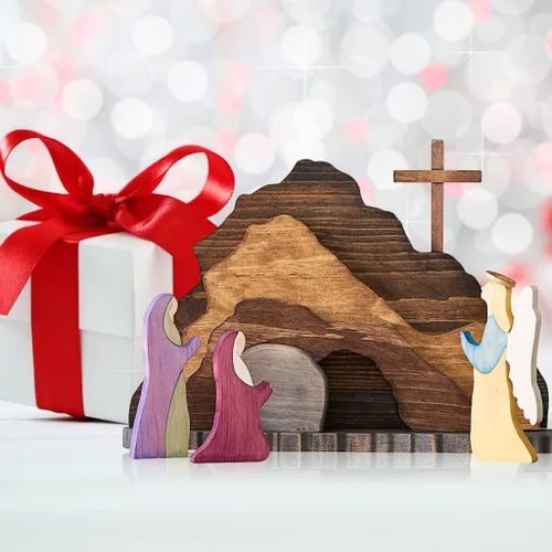 Vista 5 de IoF Adorno de escena de resurrección de Pascua, decoración de Pascua religiosa de madera, figuras de tumba vacía cristiana de madera, juego