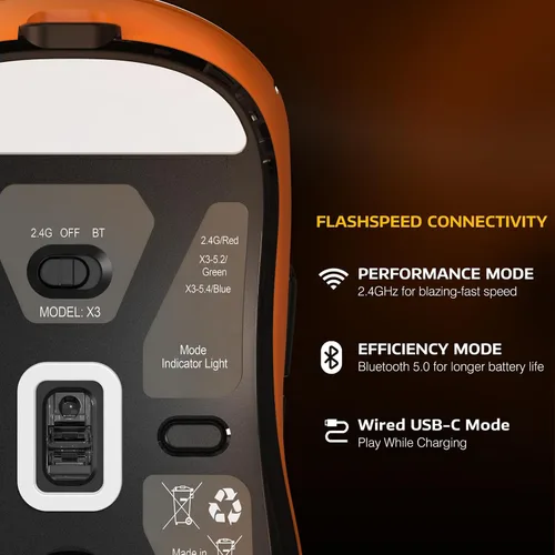Vista 4 de ATTACK SHARK X3 Mouse Inalámbrico para Juegos, Mouse Ergonómico para Computadora de 1.73 oz, Triple Modo Sensor Óptico PAW3395 de 26K DPI, Duración