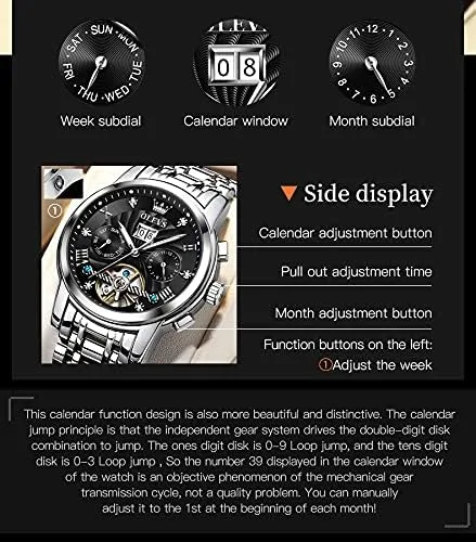 Vista 6 de OLEVS Relojes para hombre Reloj automático esqueleto plateado acero inoxidable mecánico Tourbillon automático diamante esfera negra impermeable lujo