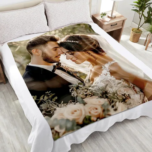 Vista 3 de Yofair - Manta personalizada con imagen y texto "I Love You" para aniversario, regalos, boda, mujeres, hombres, pareja, novio, novia, esposa y esposo