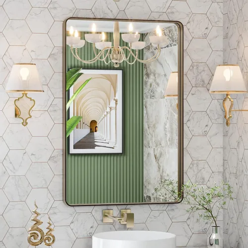 Vista 13 de LOAAO 20x16 Pulgadas Espejo de Baño con Marco de Metal Negro para Pared, Espejo de Tocador de Baño de Estilo Granja, Espejo Grande Rectangular