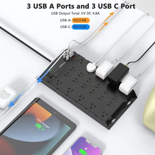 Vista 3 de JcBlaon - 22 salidas y 6 USB Big Power Strip, protector de sobretensiones con 3USB C y 3USB A puertos de carga, cable de extensión de enchufe plano