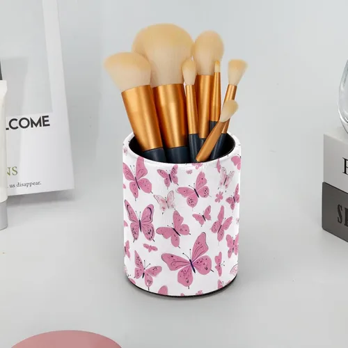 Vista 6 de Taza de PVC para escritorio, taza de lápiz rosa con mariposas para organizador de bolígrafos de escritorio, soporte para brochas de maquillaje