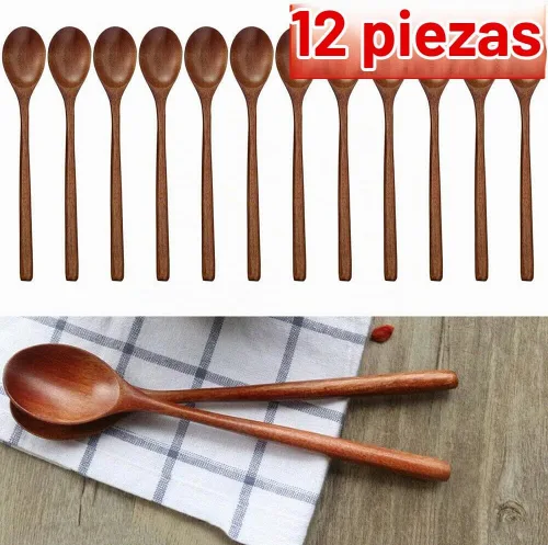 Vista 2 de TEAMWILL Cucharas de madera, 12 cucharas de sopa de madera de 9 pulgadas para comer, mezclar, agitar, cuchara de mango largo con utensilio de cocina