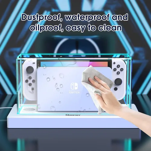 Vista 4 de Mooroer Dust Cover with 16 LED Colors Light Base for Nintendo SwitchOLED, Acrylic Clear Display Box Anti-Scratch Waterproof Slim Dock Case, Cool
