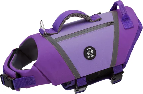 Vista 14 de EMUST Chaleco salvavidas para perro, chaqueta ligera con bolsillos, elegante preservador con asa de rescate y rayas reflectantes para nadar