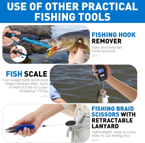 Vista 5 de RoundFunny Kit de herramientas de pesca de 10 piezas, alicates de pesca con cordón y fundas protectoras, salabre, cuchillo de filete, balanza