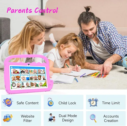 Vista 2 de YQSAVIOR Tableta para niños de 7 pulgadas para niños, Android, 2 GB de RAM, WiFi, preinstalada, control de padres, educación, educación, cámara