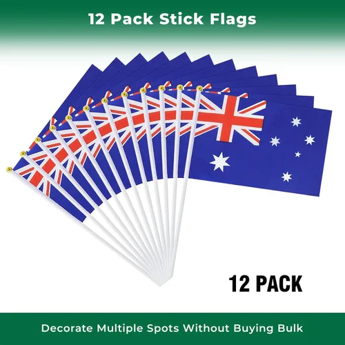 Vista 3 de Bandera de Australia Pequeña Bandera Australiana Paquete de 12 Mini Banderas de Mano Australianas en Palos para Desfiles de Fiesta, Eventos