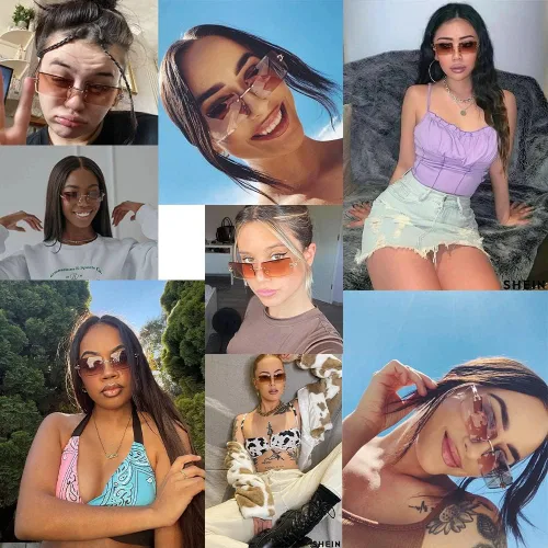 Vista 6 de KAMMPT Gafas de sol sin montura para mujeres y hombres lentes teñidas de metal dorado sin marco unisex rectángulo lentes