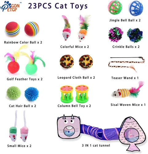 Vista 5 de GONPET - Juego para gatos de interior: 23 piezas de juguetes para gatitos, incluye túnel plegable para mascotas, varita interactiva para gatos