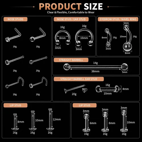 Vista 2 de Paquete de 76 Retenedores de Piercing Transparentes, Joyería Corporal Bioflex para Ceja, Labio, Septum, Nariz, Pezón, Ombligo, Lengua, Tragus Kit
