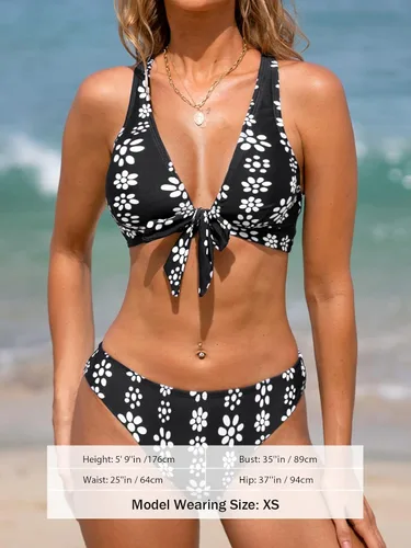 Vista 4 de CUPSHE Conjunto de bikini de dos piezas con estampado floral en la parte delantera y espalda cruzada para mujer