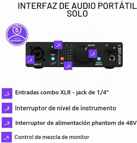 Vista 4 de Arturia MiniFuse 1 - Interfaz de audio USB compacta con software creativo para grabación, producción, podcasting, guitarra, color negro Graba