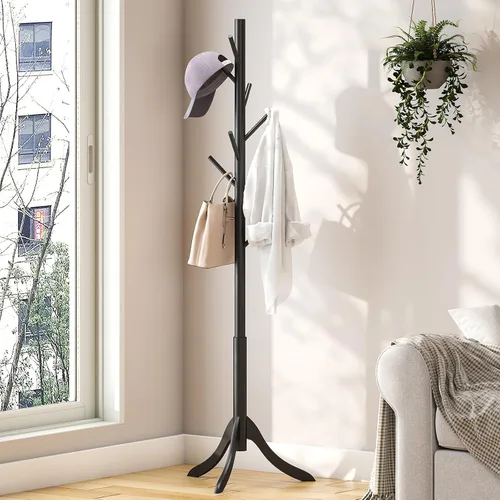 Vista 5 de kiplant Perchero negro de madera de bambú independiente con 8 ganchos, organizador de pasillo y sombrero de entrada para dormitorio, oficina, ropa