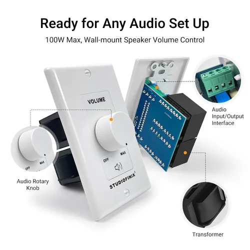 Vista 4 de STUDIOFINIX Interruptor de control de volumen de 100W en pared con perilla de ajuste de impedancia - Interruptor controlador estéreo de altavoces