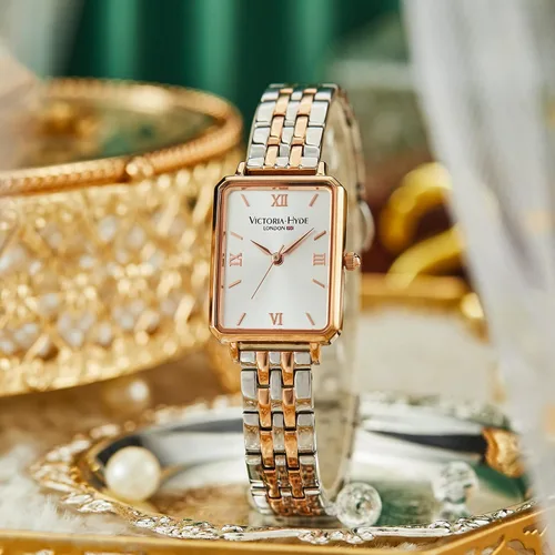 Vista 5 de VICTORIA HYDE Reloj rectangular de plata y oro rosa para mujer, relojes clásicos de dos tonos para mujer, Oro Rosa, Japonés