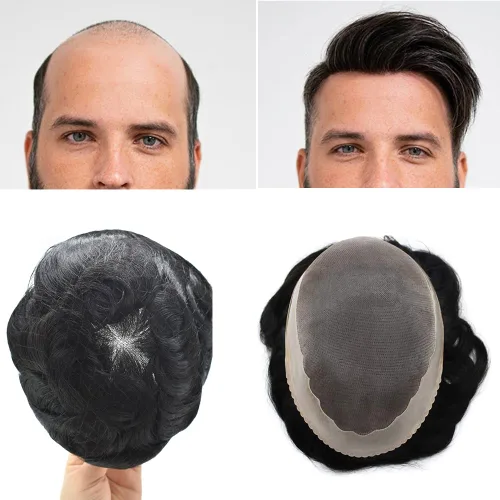 Vista 8 de Sistema de cabello para hombre, tupé para hombre, pieza de cabello humano real, sistema de reemplazo de cabello para hombre, postizos finos #1 Negro