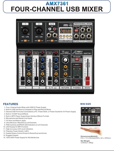 Vista 3 de Audio2000'S AMX7361 Mezclador de audio de cuatro canales con fuente de alimentación USB 5V, interfaz USB y efecto de sonido