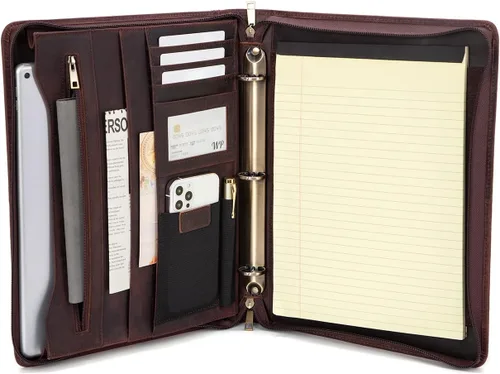 Vista 12 de Portafolio de cuero con carpeta de 3 anillas, padfolio de cuero vegano con cremallera, portafolio organizador profesional de negocios para regalo