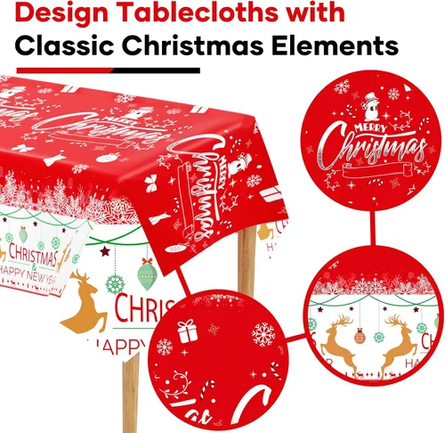 Vista 3 de Paquete de 3 manteles navideños desechables de plástico, manteles de mesa navideños rectangulares rojos para fiestas, con estampado de árbol