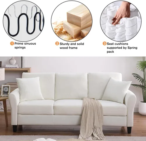 Vista 15 de Sofá tapizado de terciopelo de 3 plazas con 2 almohadas, sofá moderno de 78 pulgadas con patas de madera maciza para sala de estar, apartamento