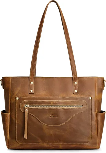 Vista 8 de S-ZONE Bolso de mano de cuero genuino para mujer, bolso de hombro grande, bolso de trabajo cruzado vintage