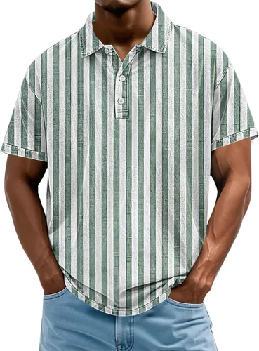 Vista 26 de Camisa polo de manga corta para hombre, camiseta de golf a rayas, de manga corta, para vacaciones, casual, cuello en V, camiseta de verano