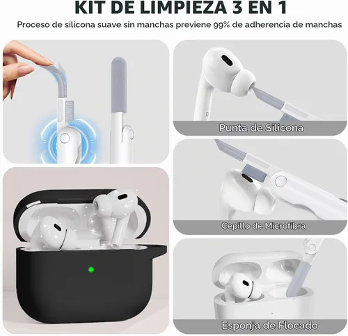 Vista 5 de Funda para AirPods Pro, funda de silicona suave compatible con Airpods Pro de 2ª/1ª generación para mujeres y niñas, con kit de limpieza y llavero 1