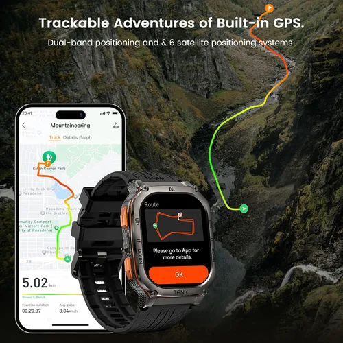 Vista 4 de AMAZTIM Reloj inteligente militar con GPS, 6 posicionamiento/brújula satélite, cuerpo de acero inoxidable, impermeable, batería extragrande de 480