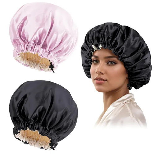 Vista 12 de Gorro de seda de satén para cabello rizado, gorro trenzado para dormir, para mujer, grande, doble capa ajustable (2 unidades, negro) Double Layer