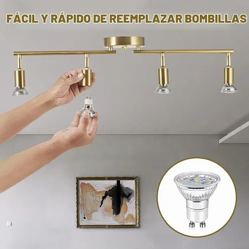 Vista 5 de Kit de iluminación LED de 4 luces, luces de techo doradas de 4 vías, cabezales de luz giratorios flexibles, accesorios de luz plegables para riel
