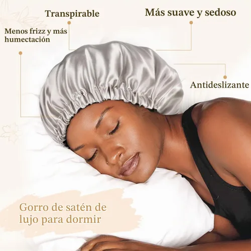 Vista 2 de YANIBEST Gorro de Satén Ajustable de Doble Capa Gorro de Cabello para Dormir, Gorros para Mujeres, Gorros para Cabello Natural Rizado, Gris Ceniza