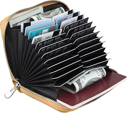 Vista 8 de boshiho Cartera con bloqueo RFID de 24 ranuras para tarjetas de crédito, de piel auténtica, organizador de múltiples tarjetas, con cremallera