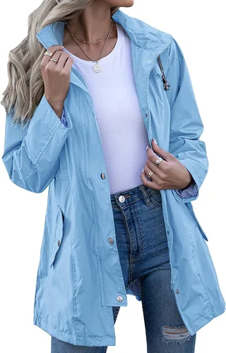 Vista 24 de Kikibell Chaqueta de lluvia para mujer con capucha, con forro a rayas, ligera, impermeable para exteriores, cortavientos Verde militar