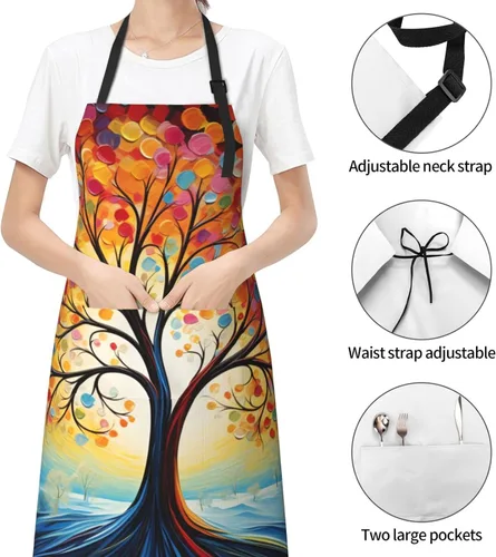 Vista 2 de Delantal de pintura de artista con 2 bolsillos, delantales artísticos, regalos para mujeres y hombres, batas de cocina de mariposa, Árbol con puntos