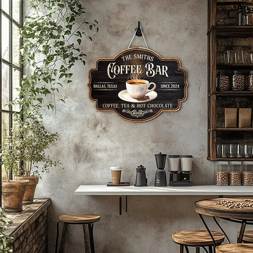Vista 3 de THUYPT Letrero de Café Personalizado, Placa de Letrero de Café de Madera para Colgar en la Pared Decoraciones de Bar de Café, Estación de Café