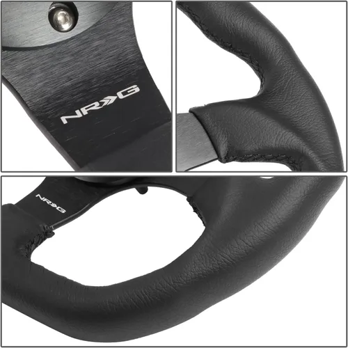 Vista 3 de NRG Innovations NRG-RST-024MB-R-Y Volante Reforzado - 12.598 in Deportivo Parte Inferior Plana de Cuero con Marca Central Amarilla