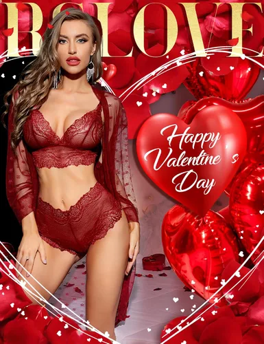 Vista 2 de RSLOVE Conjunto de lencería sexy para mujer, 3 piezas, bata de kimono de encaje con brasier y braga transparente para dormir