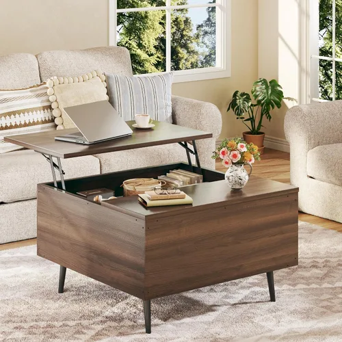 Vista 8 de HUAHUU Mesa auxiliar elevable, cuadrada de 31.5 pulgadas, con almacenamiento, mesa de centro con compartimento oculto grande, mesa central con mesa