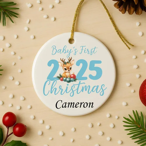 Vista 7 de Adorno personalizado para la primera Navidad del bebé 2025, recuerdo redondo de cerámica con nombre personalizado, decoración de árbol de Navidad