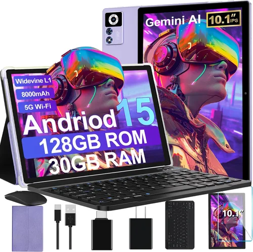 Vista 9 de Tablet Android 15 2025 con teclado Gemini AI, Tablets de electrónica de 30GB+128GB de ocho núcleos con pantalla IPS HD de 10 pulgadas, 8000mAh