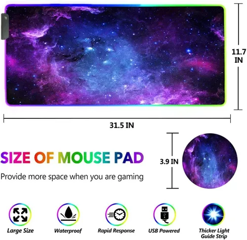 Vista 2 de DINKY - Alfombrilla de mouse para juegos RGB, alfombrilla de mouse grande extendida suave con 14 modos de iluminación, almohadilla de teclado