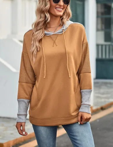 Vista 2 de SEBOWEL Sudaderas con capucha para mujer, de punto gofre, con cordón, con cordón, casual, manga larga, con bolsillo