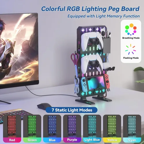 Vista 4 de KDD RGB Desk Pegboard Organizer - Compact Freestanding Gaming Desk Decor with Controller & Headphone Holder, Storage Box, Hooks, Phone Stand - No