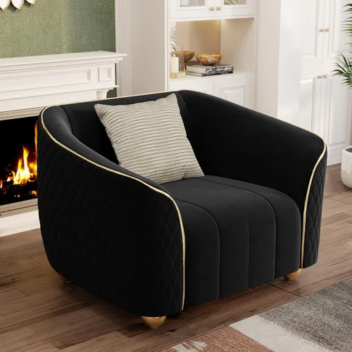 Vista 3 de Sofá de terciopelo retro de lujo para sala de estar, cómodo sillón tapizado de 40 pulgadas con patas de metal dorado y almohada, sofá seccional Negro