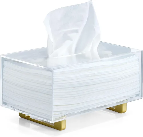 Vista 12 de YoBa Caja de pañuelos de acrílico negro grueso, dispensador cuadrado de caja de pañuelos con patas de aluminio chapado en oro para baño, cocina