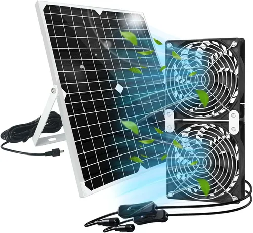 Vista 7 de Ventilador solar para gallinero con batería de 25 W, ventilador de escape alimentado por panel solar con cable de interruptor de encendido/apagado