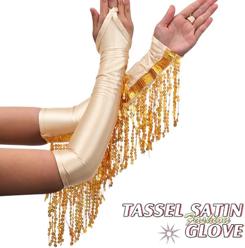 Vista 6 de Yikisdy Guantes de lentejuelas a la moda, guantes de satén sin dedos, guantes largos con borlas brillantes, disfraz de fiesta rave para mujeres